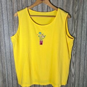 Plus Size Yellow Embroidered Ladybug Floral Garden Print Tank Top Blouse Cottage